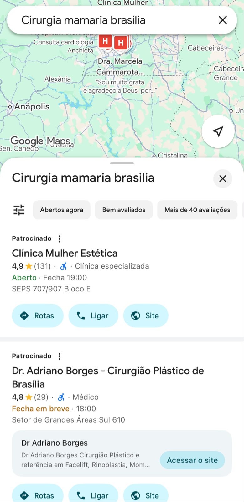Anúncios patrocinados no Google Maps para busca de cirurgia mamária em Brasília
